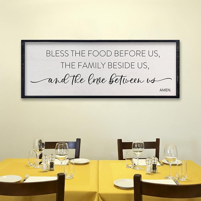comurdyo Bless the Food Before Us Sign, 32" X 12" for Dining Room Kitchen Large Vintage Wall Decor, Farmhouse Christian Scripture Wooden Framed Religious Wall Hanging Art (Black)
