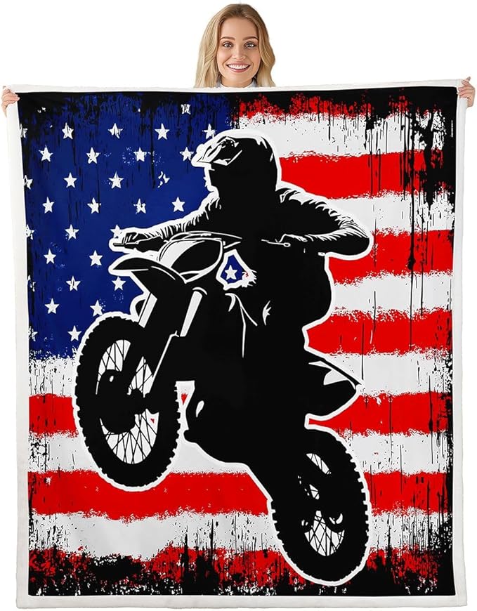 Dirt Bike Fleece Throw Blanket 40"X50" Retro American Flag Throw Blanket For Kids Boys Teen Men,Motocross Rider Sherpa Blanket Black Tie Dye Red Blue Usa Flag Plush Blanket For Bed Sofa Couch