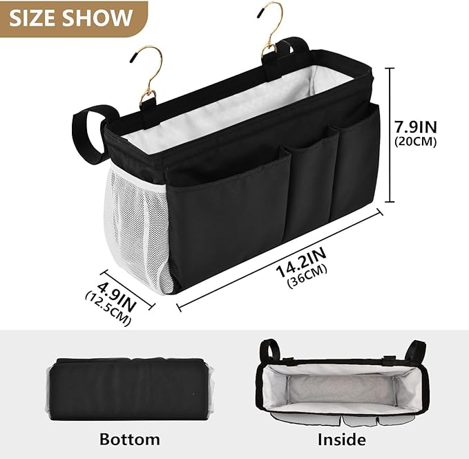 DOMIKING Black Bedside Caddy for Dorm Bed Recliner Armrest Organizer with Hooks Haning Holder for Bunk Bed Headboards Rails