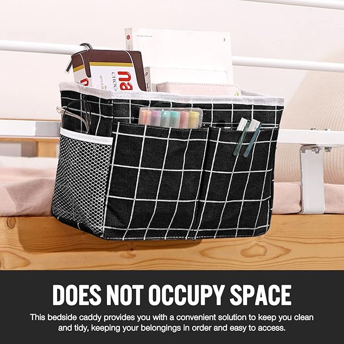 Ndeno Bedside Caddy Storage Bag Hanging Pocket Organizer for Bunk and Hospital Beds Crib,Dorm Rooms Bed Rails for Remotes Mobile Phone Keys, Glasses, Books (Black Plaid)