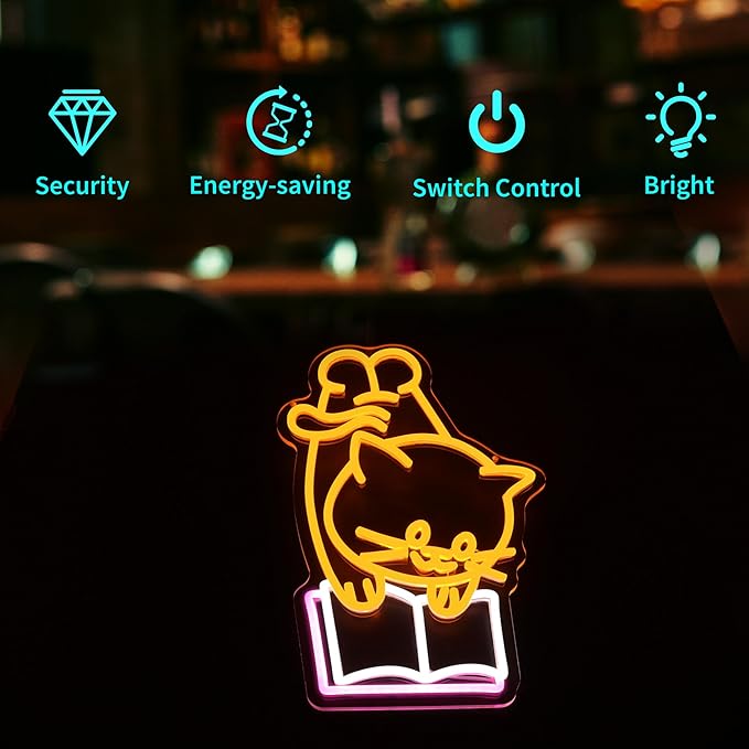Neon Sign - HSJNJKFU Cat Neon Signs for Wall Decor Cat Reading Book Led Light Up Sign for Bedroom Room Birthday Party Home Decor
