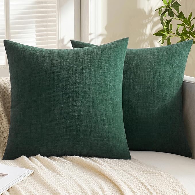 MIULEE Dark Green Couch Pillow Covers 18x18 Inch, Set of 2 Soft Chenille Decorative Square Throw Pillow Covers Farmhouse for Sofa Living Room Bed