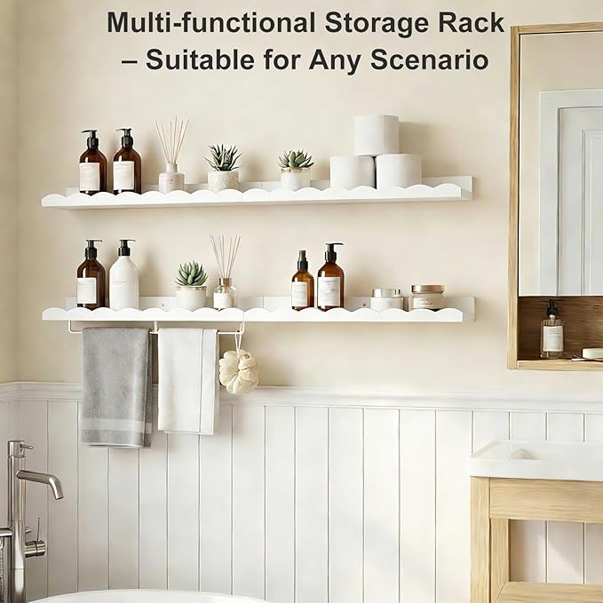 Fixwal Nursery Shelves, 24 Inch Floating Bookshelves for Wall Set of 4, Scalloped Wall Book Shelves with Towel Rack for Kids, Toddler Room, Baby Room, Nursery Decor and Storage(White)