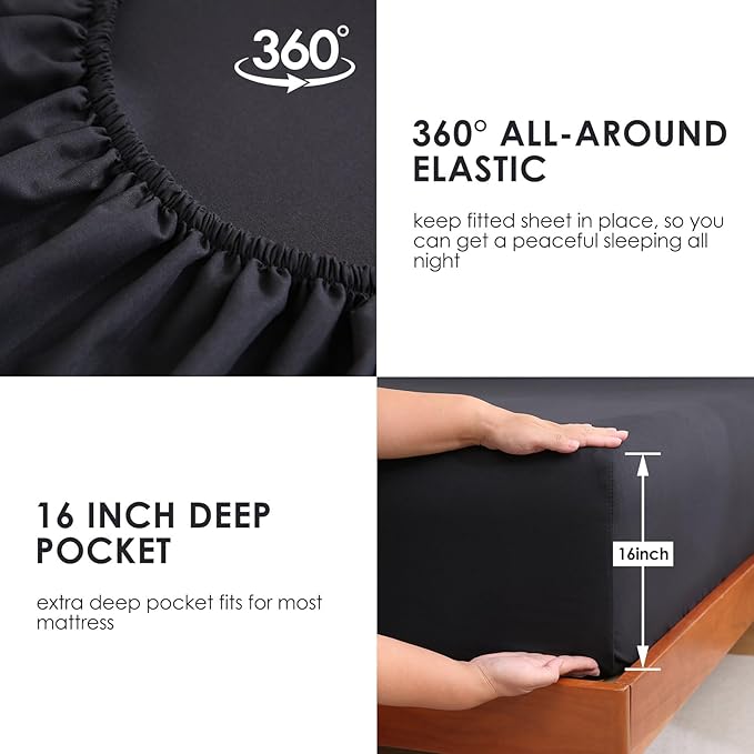 JSD Black Queen Sheet Set with Side Pocket Corner Straps, 4 Piece Soft Microfiber Bed Sheets Extra Deep Pocket