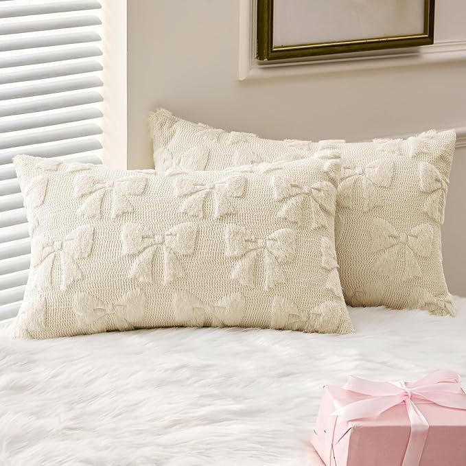 MIULEE Cream White Bow Pillow Covers Coquette Room Decor Aesthetic Set of 2 Spring Decorative Cute Girl Soft Plush Faux Pillowcase for Preppy Room Decor Bedroom Couch,12x20 Inch