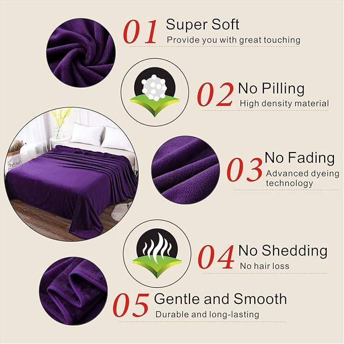 Polar Fleece Blankets Queen Size for The Bed Extra Soft Brush Fabric Super Warm Sofa Blanket 90" x 90"(Purple Queen)