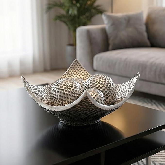 Seraphic 5pc Bowl Table Centerpieces for Dining Room, Large Decorative Bowls for Coffee Table Decor, Kitchen, Orbs/Balls Included, Silver