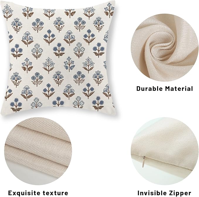 Brown Blue Pillow Covers 16x16 Inch Set of 2 Boho Block Print Floral Throw Pillows Vintage Flower Decorative Pillow Cases Outdoor Linen Farmhouse Cushion Cover for Couch Sofa Bed Decor