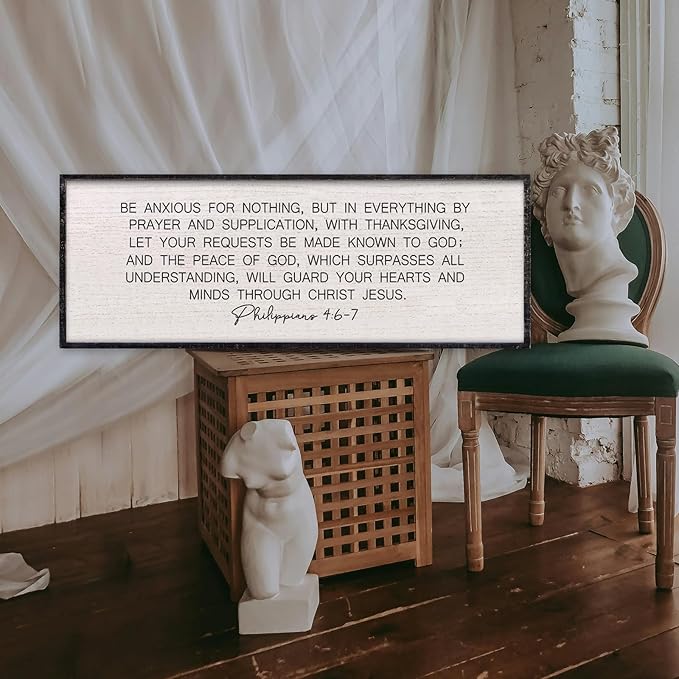 LuZhiQiang Bible Verse Wall Art Be Anxious for Nothing Christian Inspirational Sign 32"×12" Philippians 4:6-7 Rustic Religious Home Decor for Living Room Large Scripture Wood Framed Hanging (Black)