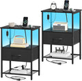 Somdot Black Nightstand Set of 2 with Charging Station and LED Light for Bedroom, Bedside Table End Table for Dorm Guest Room Bedside Kids Laundry Closet Entryway Hallway, Black Rustic Brown