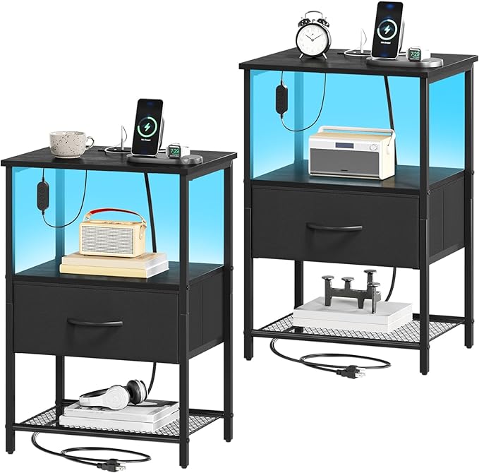 Somdot Black Nightstand Set of 2 with Charging Station and LED Light for Bedroom, Bedside Table End Table for Dorm Guest Room Bedside Kids Laundry Closet Entryway Hallway, Black Rustic Brown