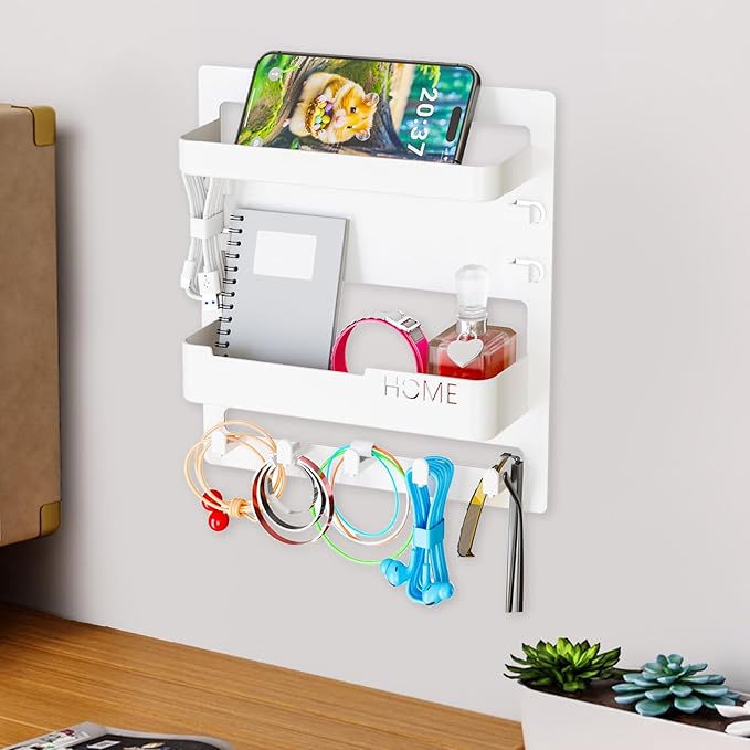 Ejoyous Bedside Shelf Wall Mount, Adhesive Phone Holder Organizer with Hooks and Cable Clips On Dorm Room, Wall Storage for Glasses Remote Earphone Cell Phone Charger Keys Snacks (White)