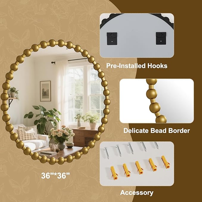 Round Mirror for Wall, 36 Inch Gold Beaded Frame Decorative Vanity Mirror, Circle Bathroom Mirror with High-Definition Lense, Modern Wall Decor for Bathroom, Living Room, Bedroom, Entryway