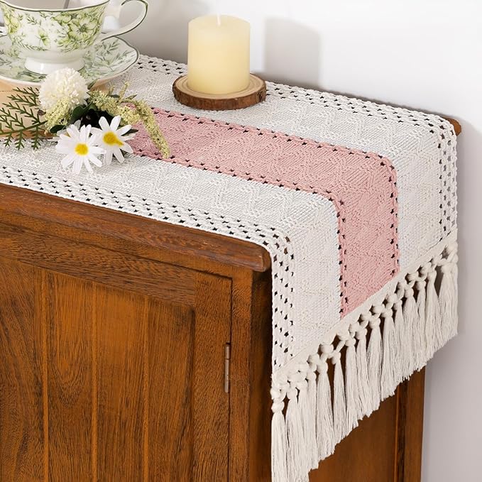 Socomi Boho Table Runner Easter Spring Farmhouse Rustic Dining Kitchen Centerpiece Decor Small Macrame Woven Cotton Linen Coffee Table Runner for Dresser Scarf Home Decor 12x72 inPink Ivory