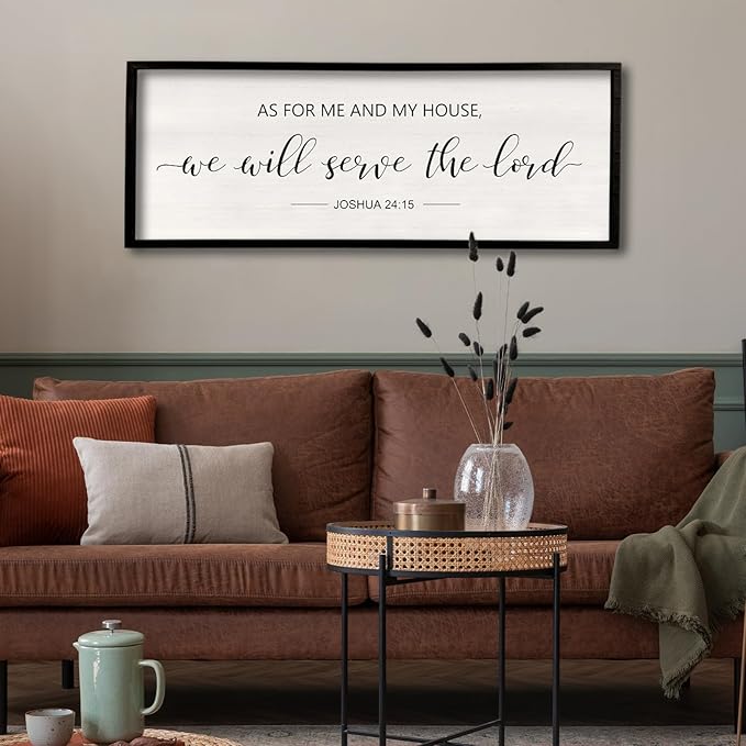 As For Me And My House We Will Serve The Lord Wall Decor 40" x 15" Bedroom Above Bed Sign Large Rustic Farmhouse Wood Framed Bible Verse for Religious Scripture Christian Wall Art (Black)