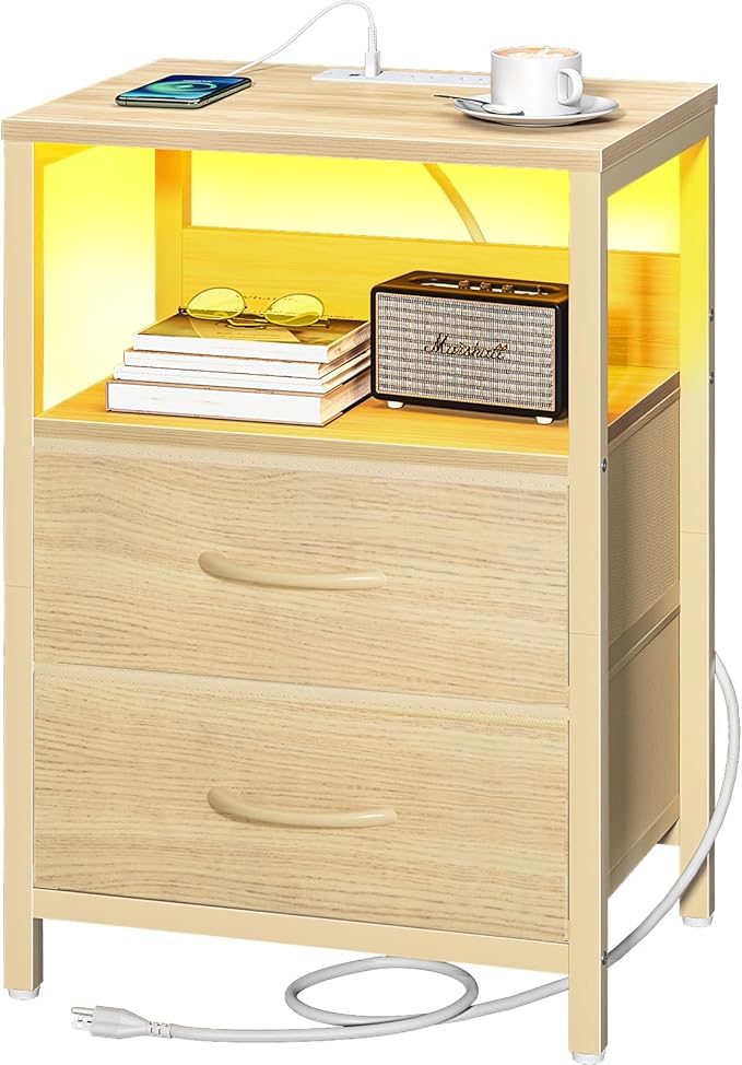 Yoobure Nightstand with Charging Station, LED Night Stand with Fabric Drawers and Storage Shelf for Bedroom, Nightstands Bedside Tables with USB Ports & Outlets, Small Night Stands, Bed Side Table