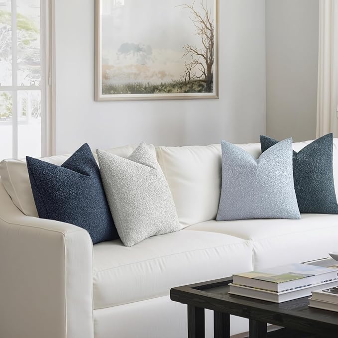 MIULEE Pack of 4 Decorative Textured Boucle Throw Pillow Covers 18x18 Inch Neutral Blue Accent Solid Pillow Cases Couch Cushion Covers for Modern Farmhouse Boho Bed Livingroom Home Decor