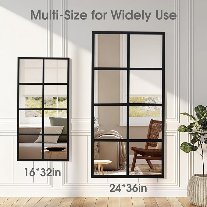 DUMOS Window Pane Mirror Set of 2, 16x32 Inch Rectangle Decorative Wall Mirrors, Black Metal Framed Grid Mirror for Bathroom, Bedroom, Living Room, Entryway, Easy to Install
