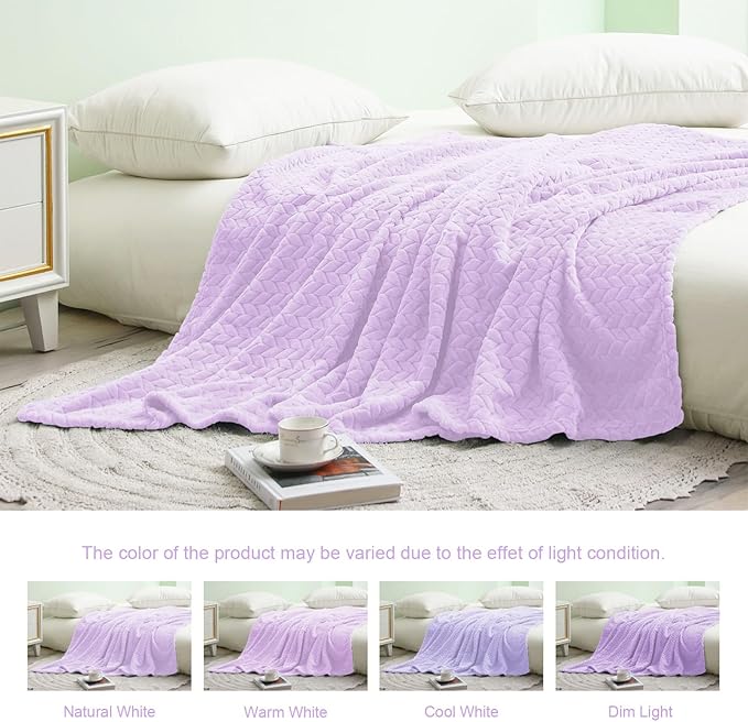 Exclusivo Mezcla Fleece Queen Size Blanket for Bed, 90x90 Inches Soft Cozy Jacquard Flannel Blankets, Lightweight Fuzzy Plush Warm for Women, Lilac Purple