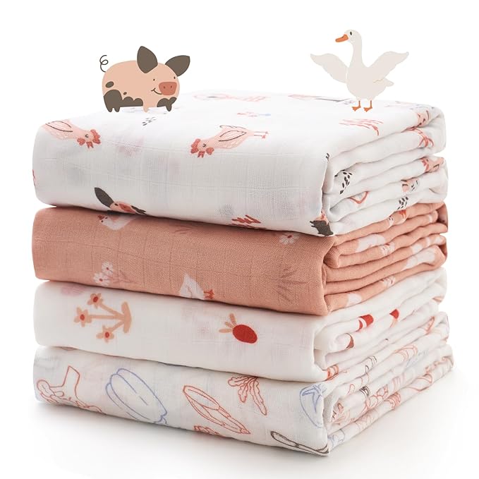 Momcozy Muslin Swaddle Blankets, 4-Pack Breathable and Skin-Friendly Receiving Blankets, Swaddle Blanket Shower Gifts & Baby Registry Essentials, Large 47"x47", Little Homestead