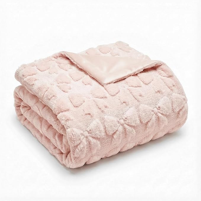 Horaldaily Valentine Bow Blanket Throw, Pink Bow Soft Fuzzy Plush Faux Fur Cozy Blankets for Couch Sofa Bed Lounging, Ideal Gifts for Kids Adults Wife Self, 50x60