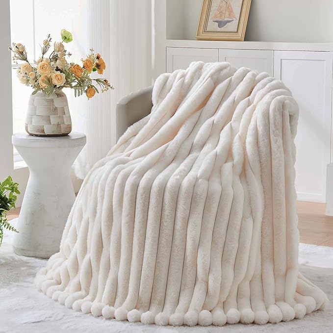 Lotus Karen Faux Fur Throw Blanket - Stripe Faux Rabbit Fur Blanket for Couch, Cozy Soft Fluffy Fuzzy Blanket, Warm Thick Furry Plush Shaggy Small Blankets for Women, Cream White,50x60 Inches