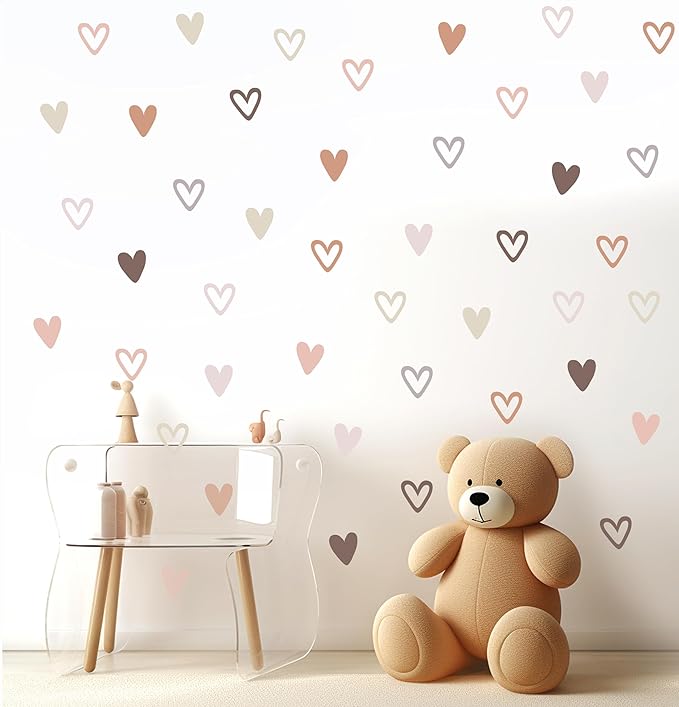 72psc Boho Heart Wall Stickers Girls Bedroom Removable Wall Decals Nursery Kids Decor, Cute Decorations, Pastel Hearts Wall Art Stickers for Kids Room Bedroom Playroom Nursery Room