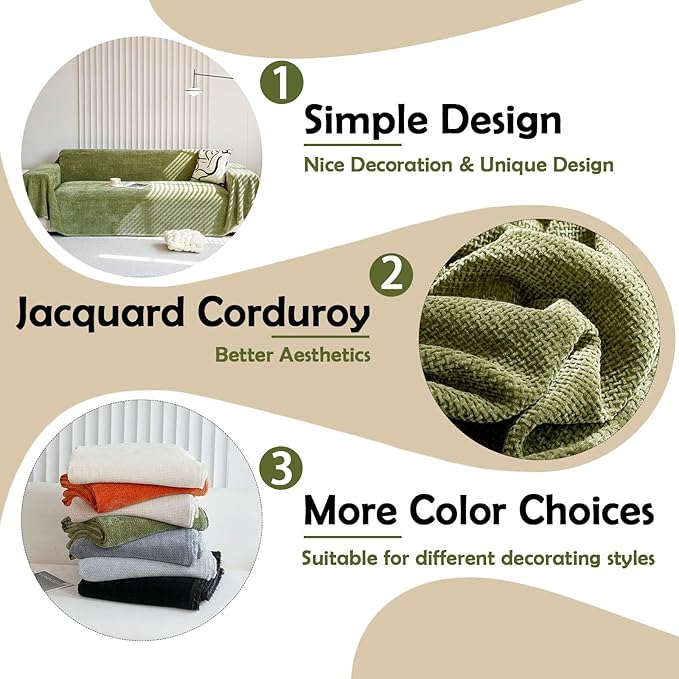 HANDONTIME Dark Green Couch Cover Jacquard Corduroy Couch Cover for Sofa Green Cute Sofa Covers Washable Morden Sofa Covers for 3 Cushion Soft Chenille Sectional Blanket Cover Sofa Decor, 71" X134"