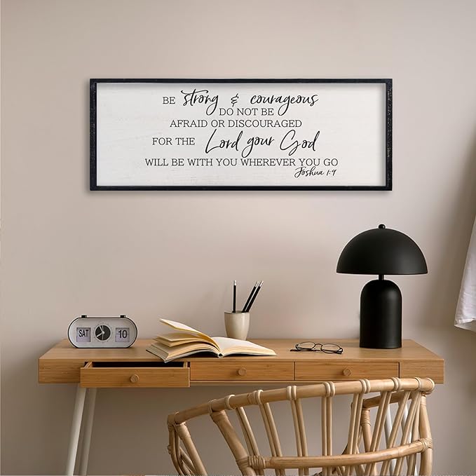 comurdyo Christian Motivational Be Strong And Courageous Sign Wall Decor 32"x12" Joshua 1:9 Bible Verse Religious Faith Rustic Home Simple Living Room Wood Plaque Art Wall Hanging (Black)