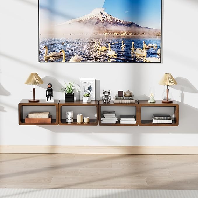 Bamboo Floating Nightstand with Storage Drawer and Modern Open Shelf Cubby，Bedroom, Living Room, Kitchen, Tool Room for use. (Brown, Prepare for Departure)