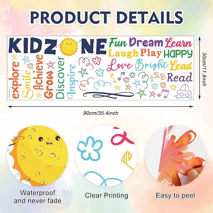HLNIUC Colorful Inspirational Lettering Quote Wall Decal 35”x12” Kid Zone Positive Quote Wall Sticker Motivational Words Window Clings Minimalist Affirmations Room Decals for Classroom Kids Room Decor