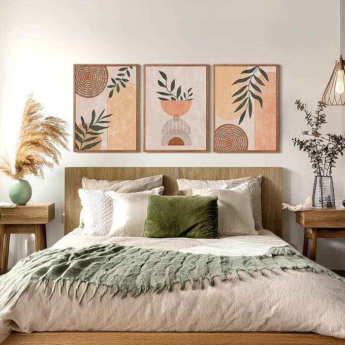 CHDITB Boho Geometric Framed Canvas Wall Art Set Of 3, Modern Minimalist Wall Decor, Bohemia Sage Leaves Painting, Mid Century Office Art Prints For Living Room, Bedroom Decor(12X16 Inch)