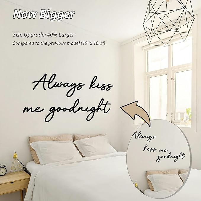 Always Kiss Me Goodnight Wall Sign Metal Wall decor Love Theme Wall decor Wall Hanging Sculptures for Bedroom Living Rooms, Black, 25.9" x 13.9"
