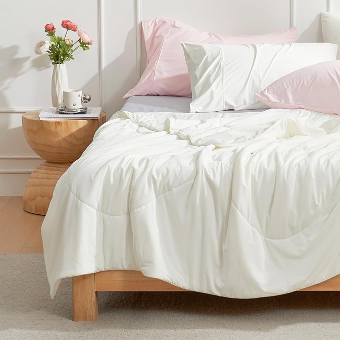 Cozy Bliss Cooling Comforter Twin Size, Cooling Blankets for Hot Sleepers and Night Sweats, Cream Summer Comforter for Twin Size Bed, Breathable Soft Lightweight Silk Smooth
