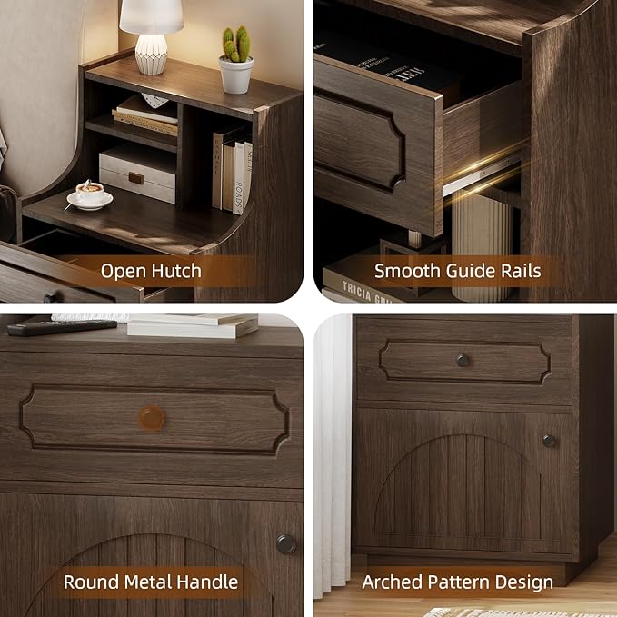 4ever2buy Farmhouse Night Stand with Storage Hutch for Bedroom Engineered Wood Bedside Table with Drawer 30.31 inch Tall Nightstand End Table Dark Oak
