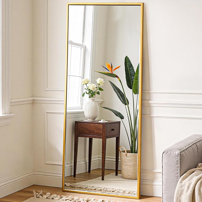 NEWBULIG Full Length Mirror 59.2"x16" for Bedroom, Full Body Mirror with Stand, Hanging or Leaning for Wall, Aluminum Alloy Thin Frame Floor Standing for Living Room, Long, Gold