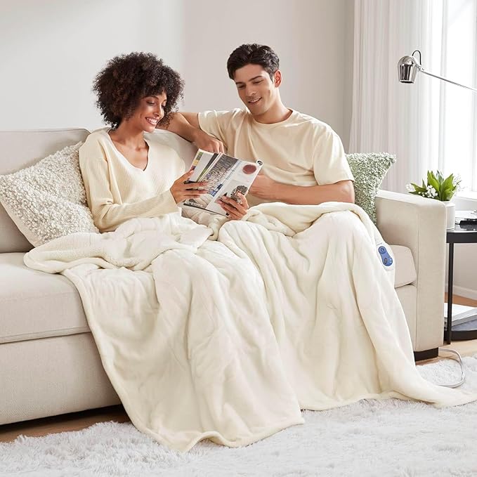 Beautyrest Heated Blanket, Electric Throw Blanket, Soft, Warm, Reversible Plush - Sherpa Heating Blanket Throw, 3 Heat Settings, 2 hr Auto Shut Off, Machine Washable, Oversized 60 in x 70 in, Ivory