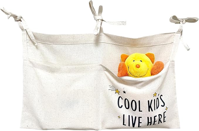 Cute Linen Baby Crib Hanging Storage Organizer, 2 Pockets Nursery Playpen Cloth Bag with Strap, Minimalist Nordic Lightweight Bedside Caddy for Diaper Wipes & Small Toys, Baby Shower Decor Funny Gift
