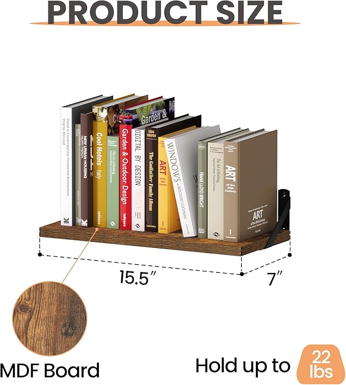 upsimples 15.7 Inches Floating Book Shelves for Wall, Wood Shelves for Living Room, Bathroom, Bedroom, Kitchen Storage and Decoration, Brown