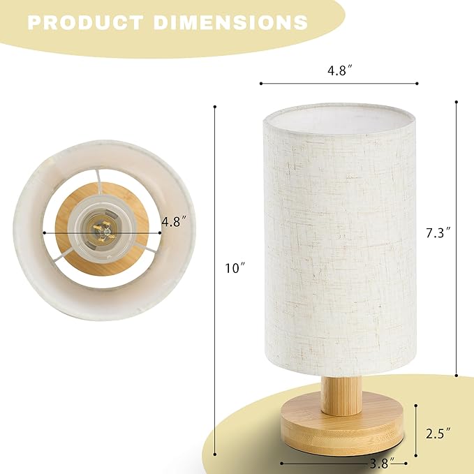 Bedside Lamps Set of 2, Small Bamboo Table Lamps for Bedroom, Minimalist Nightstand Lamps with Linen Shade, Modern Desk Lamp for Living Room, Study, Dorm (LED Bulbs Included)