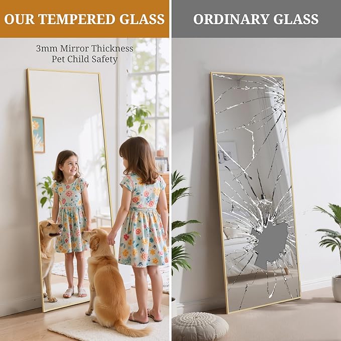 Full Length Mirror 58"x19" Full Body Mirror Rectangle Free Standing Wall Mounted Leaning Floor Mirrors with Stand Aluminum Alloy Frame for Bedroom Cloakroom, Gold