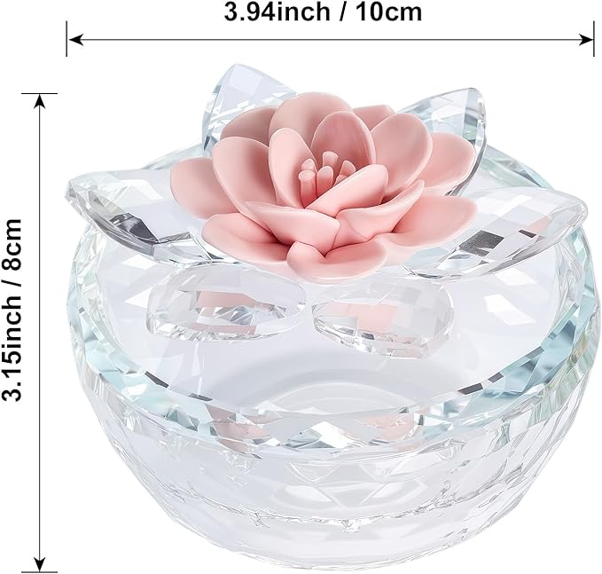Crystal Jewelry Box for Women, Small Glass Trinket Jar with Lid, Clear Lotus Flower Storage Holder Elegant Organizer Dish for Ring, Earrings, Necklace, Gift (Pink Flower)