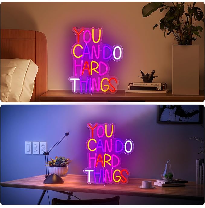 Neon Lights for Wall Decor - You Can Do Hard Things Neon Signs for Bedroom Classroom, Inspirational and Postive Led Neon Light sign for Libairy, Dorm, Kids' Room, Dimmable Switch USB Power, Adhesive Hook Included