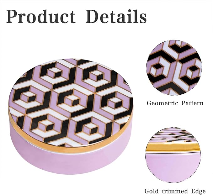 4.3 Inch small Ceramic Jewelry box with Lid - Small Jewelry Display Organizer Holder Trinket Storage box for Dressing Tables, Nightstands or Office, Great Gift for Baby Keepsake