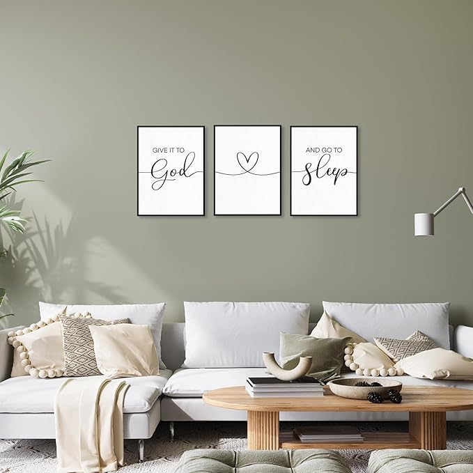 Give It To God And Go To Sleep 3-Piece Wall Sign Decor: Framed Modern Minimalist Quotes for Couples Above Bed 12"x16"