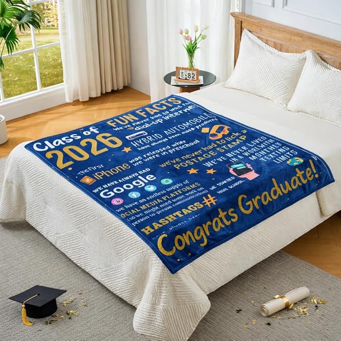 Graduation Gifts Blanket Class of 2026 – Fun Facts Throw Blanket 50x60 Inch, Funny Inspirational Graduation Gift for Him Her, Cozy Plush Blanket for College High School Graduate