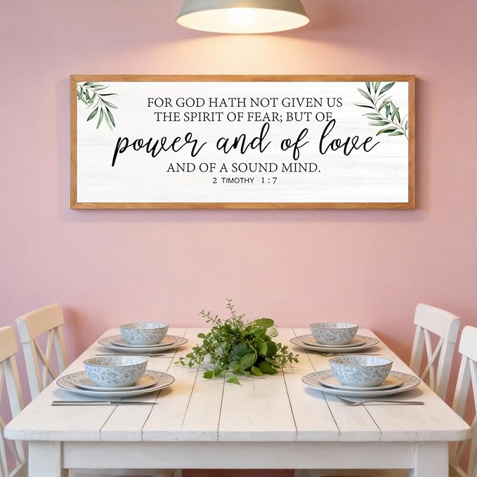 For God Hath Not Given Us the Spirit of Fear Wall Art – 40x15 Inch Framed Bible Verse Decor, 2 Timothy 1:7 Christian Wall Decor, Large Scripture Wall Art for Living Room Bedroom, Natural