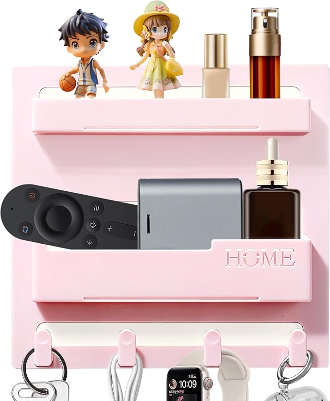 Bedside Shelf Wall Mount,Floating Bedside Adhesive Shelves Accessories,Wall Shelf Organizer and Storage for Bedroom,Camper,Dorm,Apartment-Phone,Earphone,Kindle,Remote Holder,Cable Clip,4 Hooks-Pink