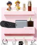 Bedside Shelf Wall Mount,Floating Bedside Adhesive Shelves Accessories,Wall Shelf Organizer and Storage for Bedroom,Camper,Dorm,Apartment-Phone,Earphone,Kindle,Remote Holder,Cable Clip,4 Hooks-Pink