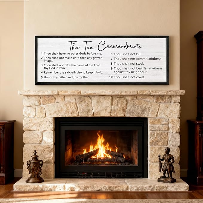 The Ten Commandments Rustic Bible Verse Framed Wall Art, 40''×15'' Positive Religious Christian Saying Sign for God Jesus Christ Prayer, Vintage Horizontal Holy Inspirational Catholic Scripture Decor